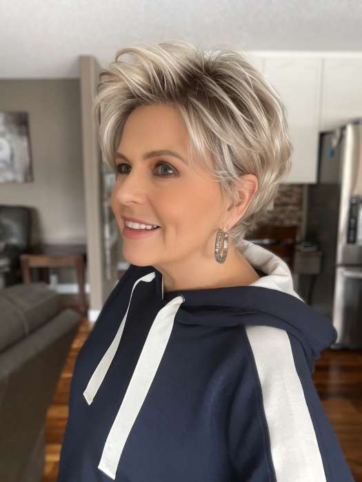 Donna @style.me.ageless wearing RAISE by ELLEN WILLE in color PEARL-BLONDE-ROOTED 101.24.16 | Pearl Platinum, Dark Ash Blonde, and Medium Honey Blonde mix