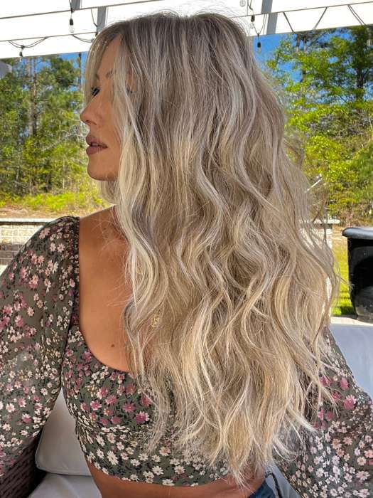 Jenna Fail @jenna_fail wearing PERFECT BLEND by BELLETRESS in color ROOTBEER FLOAT BLONDE | A Blend of Light Pearl Blonde, Ash Blonde, Beige Blonde, Champagne Blonde, and Platinum Blonde with a Light and Medium Brown Root