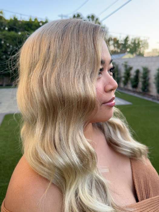 Katrina and Arlah Soriano @wearthehairsis wearing MAYA by ENVY in CHAMPAGNE SHADOW | Soft Dark Blonde with Platinum Highlights and Chestnut Roots