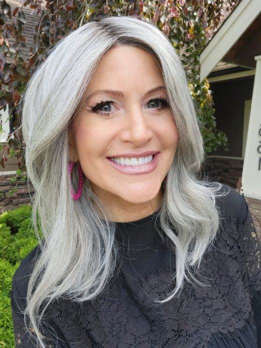 Natalie Gray @vanish.into.thin.hair wearing SOPHIA by RENE OF PARIS in color SILVER-BROWN-MR | Micro Root that transcends into Silver, Grey and Honey Brown Tones