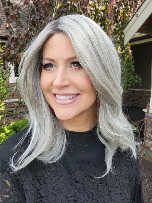 Natalie Gray @vanish.into.thin.hair wearing SOPHIA by RENE OF PARIS in color SILVER-BROWN-MR | Micro Root that transcends into Silver, Grey and Honey Brown Tones