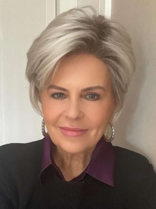 Donna @style.me.ageless wearing SATIN by ELLEN WILLE in color SILVER-BLONDE-ROOTED | Medium Honey Blonde, Light Ash Blonde, and Lightest Reddish Brown blend with Dark Roots