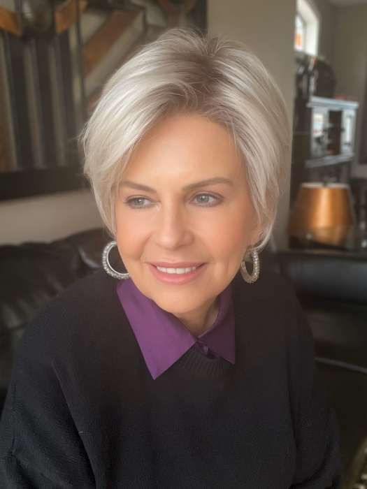 Donna @style.me.ageless wearing SATIN by ELLEN WILLE in color SILVER-BLONDE-ROOTED | Medium Honey Blonde, Light Ash Blonde, and Lightest Reddish Brown blend with Dark Roots