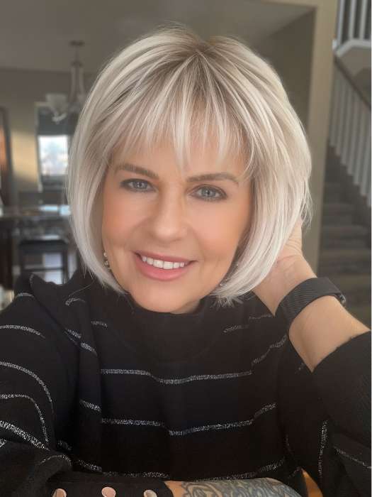 Donna @style.me.ageless wearing SING by ELLEN WILLE in color PLATINUM BLONDE ROOTED 61.101.1001 | Pure White, Pearl Platinum, and Winter White with Shaded Roots