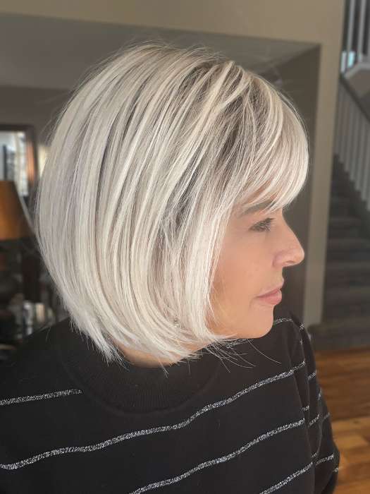 Donna @style.me.ageless wearing SING by ELLEN WILLE in color PLATINUM BLONDE ROOTED 61.101.1001 | Pure White, Pearl Platinum, and Winter White with Shaded Roots