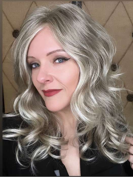 Marcie M. @wig.obsessed wearing AVALON by RENE OF PARIS in color ICE-BLOND | Ashy Blonde Base with White Gold Tips with Highlights Around Face