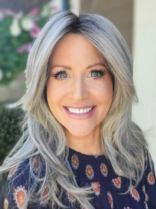 Natalie Gray @vanish.into.thin.hair wearing VOICE by ELLEN WILLE in color STONEGREY ROOTED 58.51.56 | Grey with Black/Dark Brown and Lightest Blonde Blend with Shaded Roots