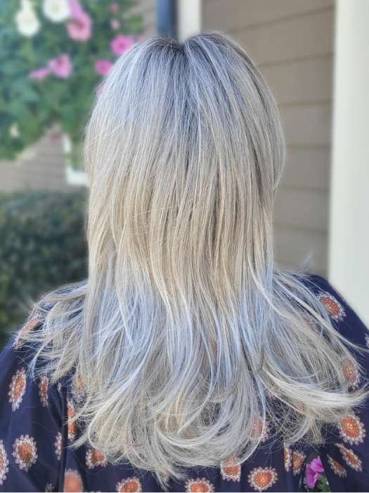 Natalie Gray @vanish.into.thin.hair wearing VOICE by ELLEN WILLE in color STONEGREY ROOTED 58.51.56 | Grey with Black/Dark Brown and Lightest Blonde Blend with Shaded Roots