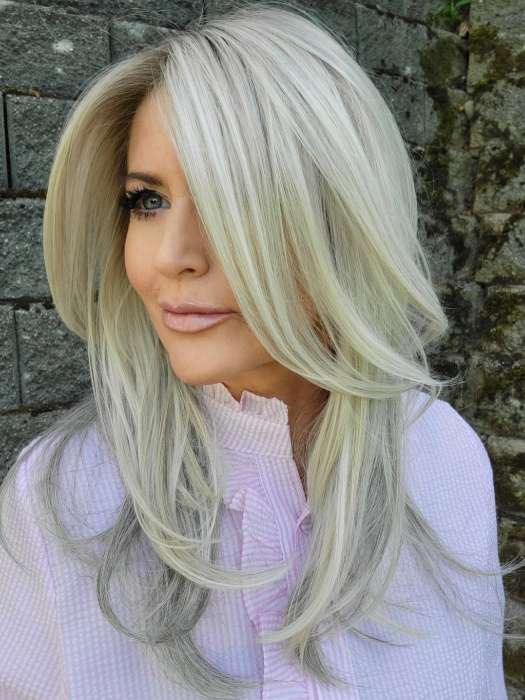 Natalie Gray @vanish.into.thin.hair wearing MUSIC by ELLEN WILLE in color METALLIC BLONDE ROOTED 60.101.51 | Pearl White, Pearl Platinum with Dark and Lightest Brown and Grey Blend with Shaded Roots