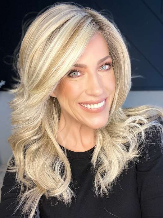 Kristyna Moore @kristynamoore wearing STROKE OF GENIUS by RAQUEL WELCH WIGS in color RL19/23SS SHADED BISCUIT | Light Ash Blonde Evenly Blended with Cool Platinum Blonde with Dark Roots