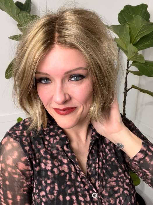 Marcie Mertz @wig.obsessed wearing KENNEDY by ESTETICA in color R12/26CHM | Light Brown with Chunky Golden Blonde Highlights