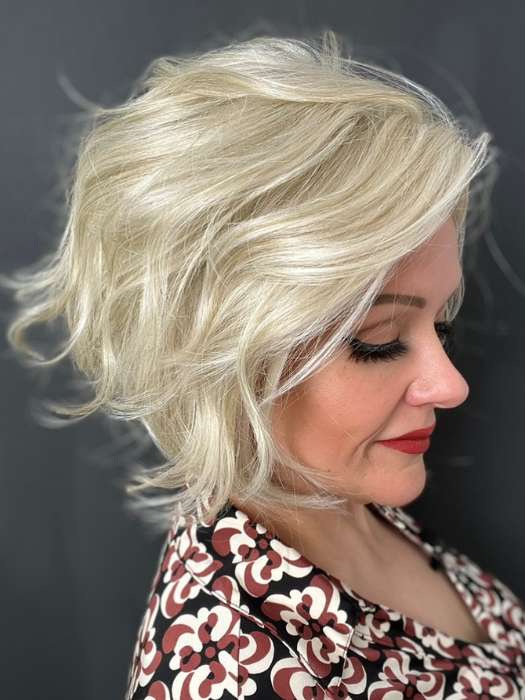 Marcie Mertz @wig.obsessed wearing TREND ALERT by GABOR in color GF16-22 ICED SWEET CREAM | Pale Blonde with Slight Platinum Highlighting
