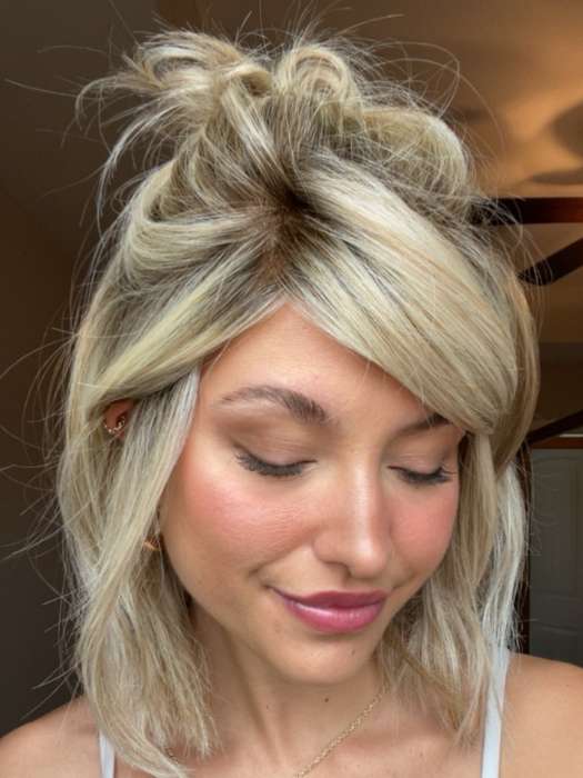 Chloe Beau @chloebeaushannon wearing UPSTAGE PETITE by RAQUEL WELCH WIGS in color RL19/23SS SHADED BISCUIT | Light Ash Blonde Evenly Blended with Cool Platinum Blonde with Dark Roots | styled