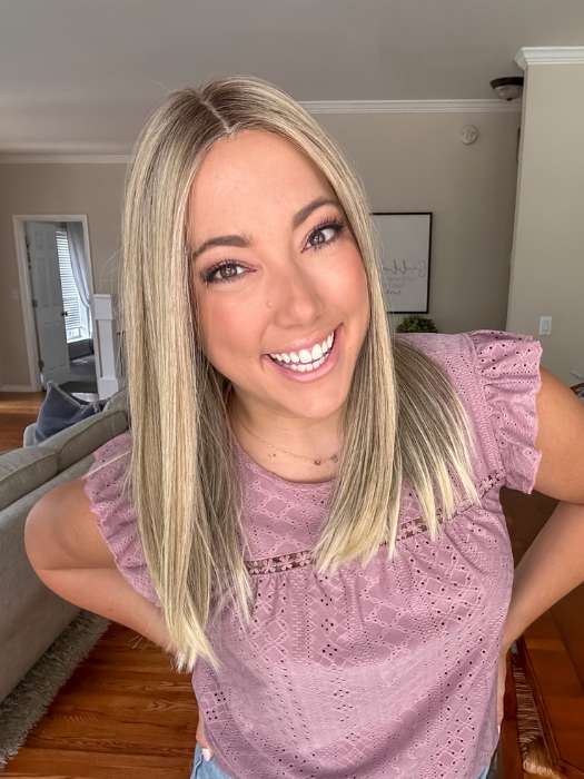 Jen @being_mrs_brown wearing SLEEK by ELLEN WILLE in color SANDY BLONDE ROOTED 16.22.20 | Medium Blonde, Light Neutral Blonde, and Light Strawberry Blonde Blend with Shaded Roots