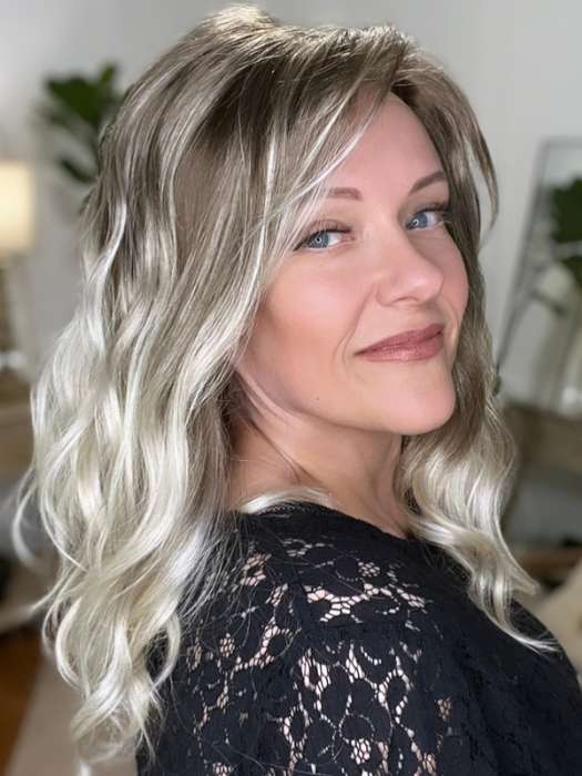 Marcie Mertz @wig.obsessed wearing RACHEL LITE by JON RENAU in color S18-60/102RO SOLSTICE | Dark Natural Ash Blonde roots to midlength, pure white with Pale Platinum Blonde midlength to ends