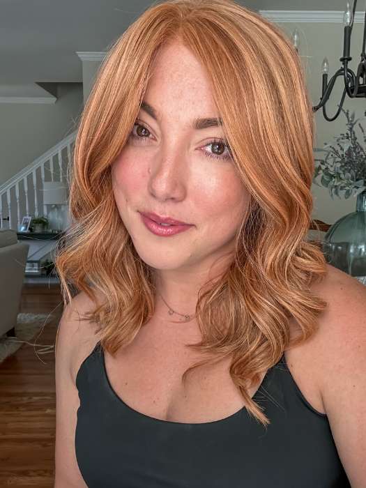 Jen Brown @being_mrs_brown wearing LAGUNA BEACH by BELLETRESS in color SIENNA SPICE | A true light strawberry blonde/red with low light and highlights