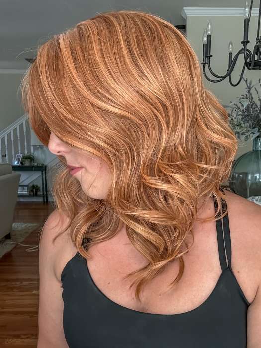 Jen Brown @being_mrs_brown wearing LAGUNA BEACH by BELLETRESS in color SIENNA SPICE | A true light strawberry blonde/red with low light and highlights