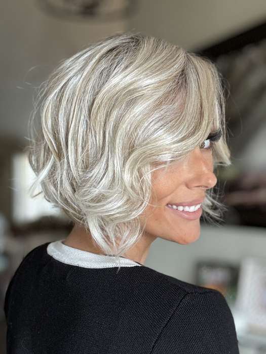 Nichole @nichole.alee wearing TREND ALERT by RAQUEL WELCH in GF19-23SS BISCUIT | Light Ash Blonde Evenly Blended with Cool Platinum Blonde with Dark Roots