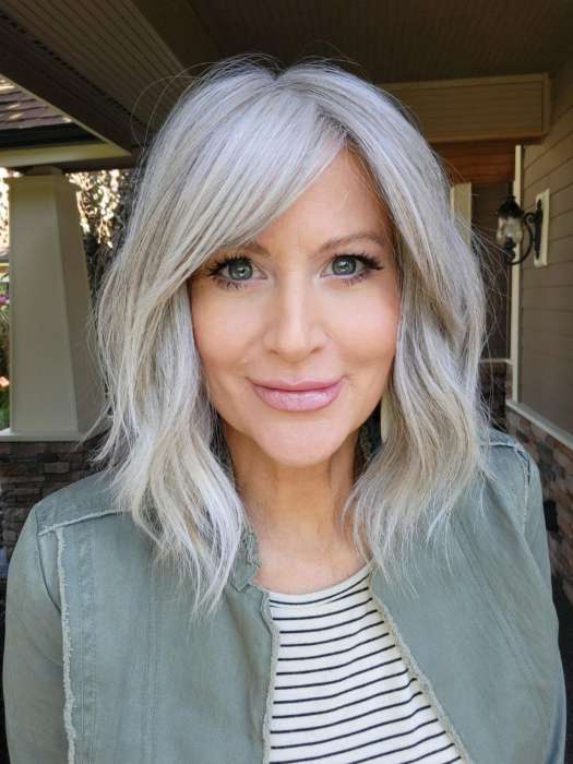 Natalie @vanish.into.thin.hair wearing HOLLIE by JON RENAU in color 56F51 OYSTER | Light Grey with 20% Medium Brown Front, graduating to Grey with 30% Medium Brown Nape