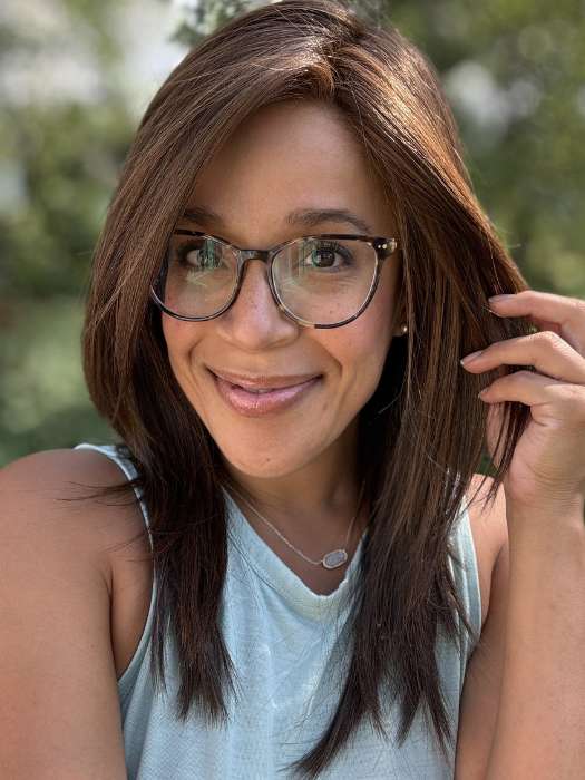 Brea @getwiggywithbrea wearing WELL PLAYED by RAQUEL WELCH WIGS in color RL6/30 COPPER MAHOGANY | Medium Brown Evenly Blended with Medium Auburn | outdoor lighting