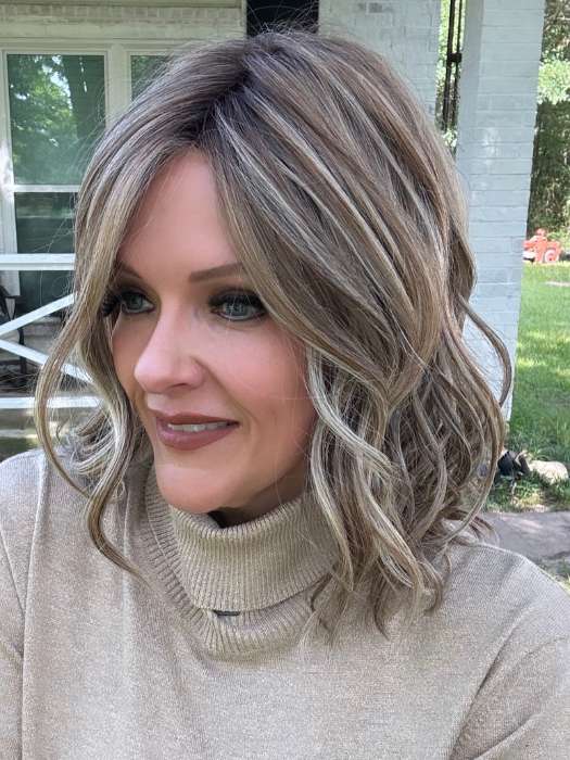 Marcie @wig.obsessed wearing WAVY DAY by RAQUEL WELCH WIGS in color RL12/22SS SHADED CAPPUCCINO | Light Golden Brown Evenly Blended with Cool Platinum Blonde Highlights with Dark Roots