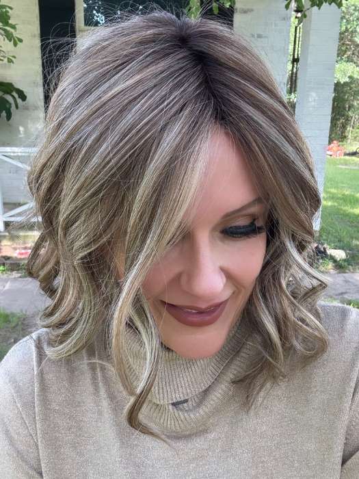 Marcie @wig.obsessed wearing WAVY DAY by RAQUEL WELCH WIGS in color RL12/22SS SHADED CAPPUCCINO | Light Golden Brown Evenly Blended with Cool Platinum Blonde Highlights with Dark Roots