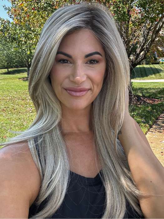 Katy C. @thewigeducator wearing MESMERIZED by RAQUEL WELCH WIGS in color RL19/23SS SHADED BISCUIT | Light Ash Blonde Evenly Blended with Cool Platinum Blonde with Dark Roots | outside lighting