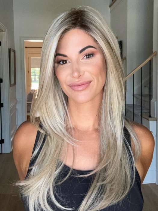 Katy C. @thewigeducator wearing MESMERIZED by RAQUEL WELCH WIGS in color RL19/23SS SHADED BISCUIT | Light Ash Blonde Evenly Blended with Cool Platinum Blonde with Dark Roots | natural sunlight