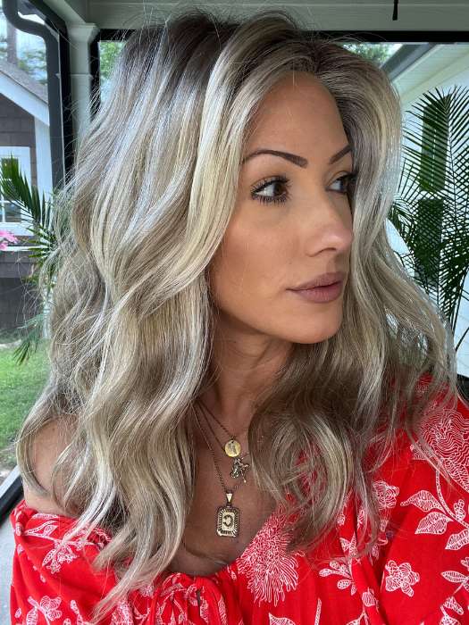 Jenna Fail @jenna_fail wearing RACHEL LITE by JON RENAU in color 22F16S8 VENICE BLONDE | Light Ash Blonde and Light Natural Blonde Blend Shaded with Medium Brown