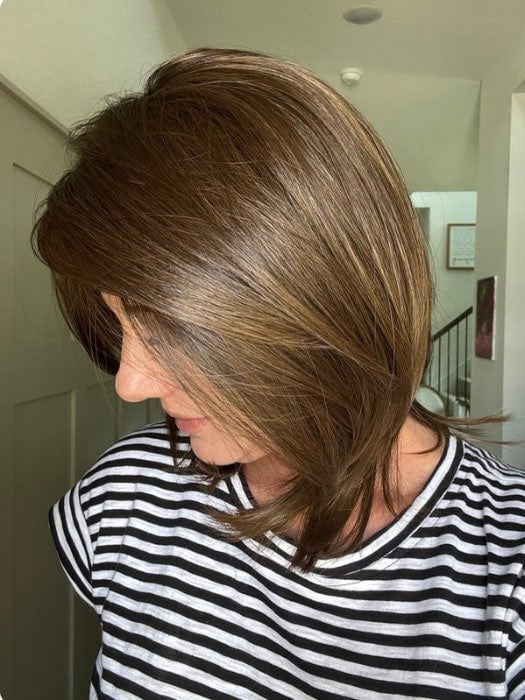 Jenny B. @thewiggygirl wearing OWN THE ROOM by GABOR in color GF8-12SS ICED MOCHA | Medium Brown shaded with Dark Blonde