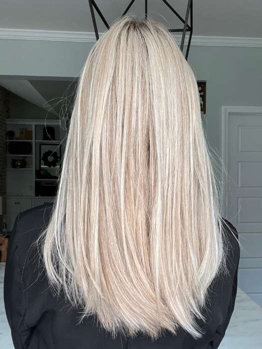 Jenna @jenna_fail wearing SLEEK by ELLEN WILLE in color PEARL BLONDE ROOTED 101.20.25 | Pearl Platinum Blended with Light Strawberry Blonde and Lightest Golden Blonde with Shaded Roots