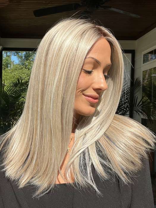 Jenna @jenna_fail wearing SLEEK by ELLEN WILLE in color PEARL BLONDE ROOTED 101.20.25 | Pearl Platinum Blended with Light Strawberry Blonde and Lightest Golden Blonde with Shaded Roots