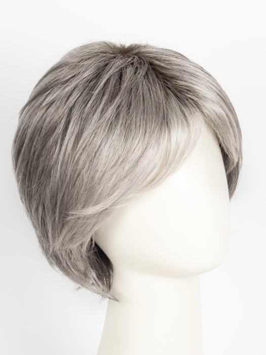 SILVER-STONE-R | Silver Medium Brown Blend That Transitions To More Silver Then Medium Brown Then To Silver Bangs with Black Roots