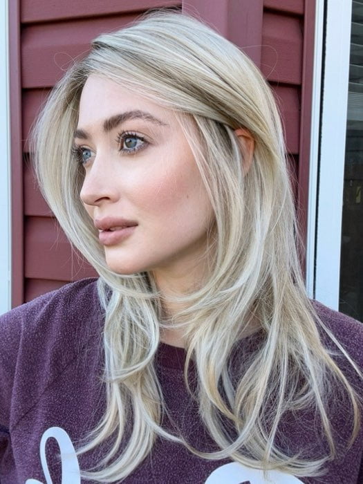 Steph @wigswithsteph wearing BEVERLY HILLS by BELLETRESS in color CRUSHED ALMOND BLONDE R | A soft Neutral Light Blonde with a Light and Medium Blended Root Color.