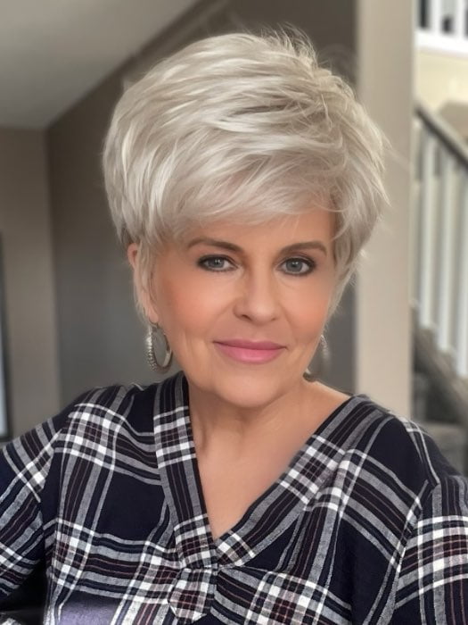 Donna @style.me.ageless wearing SPARKLE by RAQUEL WELCH WIGS in color R23S+ GLAZED VANILLA | Cool Platinum Blonde with Almost White Highlights