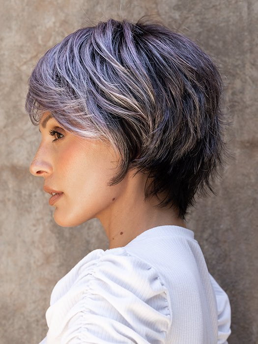 Roxie wearing SKY by ELLEN WILLE in METALLIC PURPLE ROOTED | Pearl Platinum and Pure White with Black and Purple Blended throughout with Shaded Roots