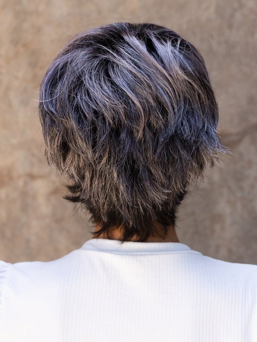 Roxie wearing SKY by ELLEN WILLE in METALLIC PURPLE ROOTED | Pearl Platinum and Pure White with Black and Purple Blended throughout with Shaded Roots