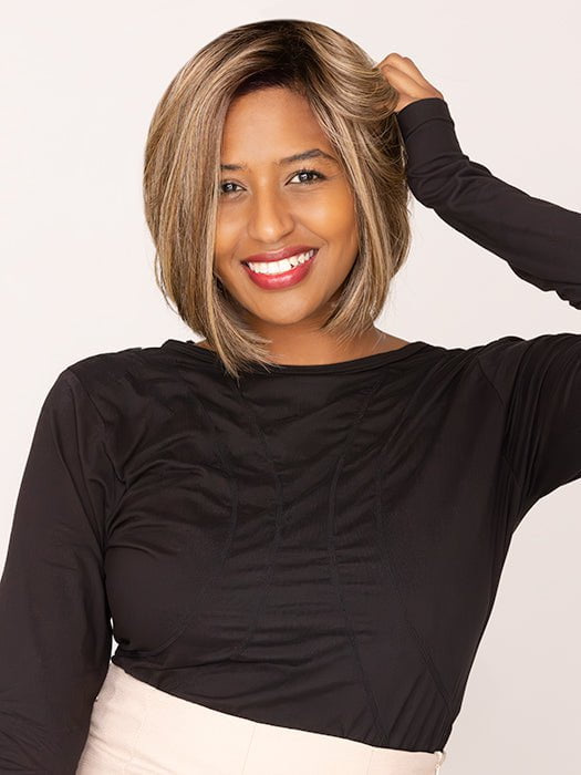 Sophia wearing AMARA by KIM KIMBLE in MC11SS BUTTER PECAN | Medium Brown with Golden Blonde Highlights