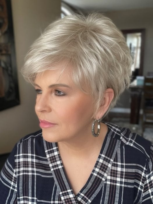 Donna @style.me.ageless wearing SPARKLE by RAQUEL WELCH WIGS in color R23S+ GLAZED VANILLA | Cool Platinum Blonde with Almost White Highlights