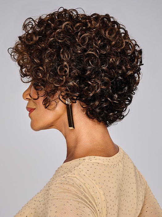 This short synthetic wig has spiral curls that are cropped in a stacked V-shape