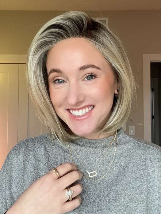 Carly @carlynwilson84 wearing CAMERON by JON RENAU in color 22F16S8 VENICE BLONDE | Light Ash Blonde and Light Natural Blonde Blend Shaded with Medium Brown
