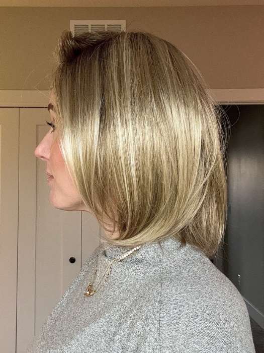 Carly @carlynwilson84 wearing CAMERON by JON RENAU in color 22F16S8 VENICE BLONDE | Light Ash Blonde and Light Natural Blonde Blend Shaded with Medium Brown
