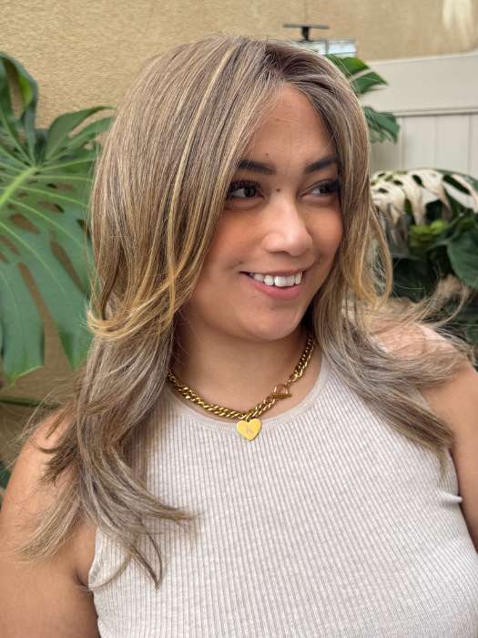 Arlah and Katrina @wearethehairsis wearing CELESTE by JON RENAU in color 24BT18S8 SHADED MOCHA | Medium Natural Ash Blonde & Light Natural Gold Blonde Blend, Shaded with Medium Brown
