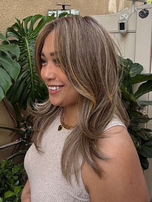 Arlah and Katrina @wearethehairsis wearing CELESTE by JON RENAU in color 24BT18S8 SHADED MOCHA | Medium Natural Ash Blonde & Light Natural Gold Blonde Blend, Shaded with Medium Brown
