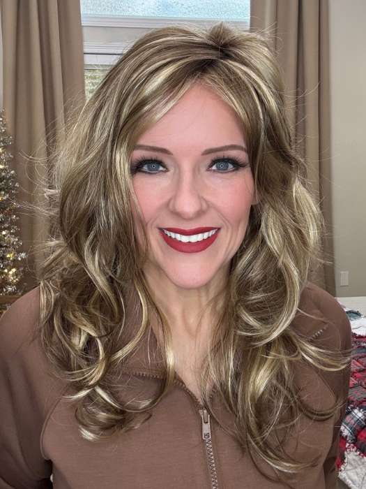 Marcie Mertz @wig.obsessed wearing ORCHID by ESTETICA DESIGNS in color R12/26CHM | Light Brown with Chunky Golden Blonde Highlights 