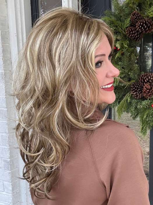 Marcie Mertz @wig.obsessed wearing ORCHID by ESTETICA DESIGNS in color R12/26CHM | Light Brown with Chunky Golden Blonde Highlights 