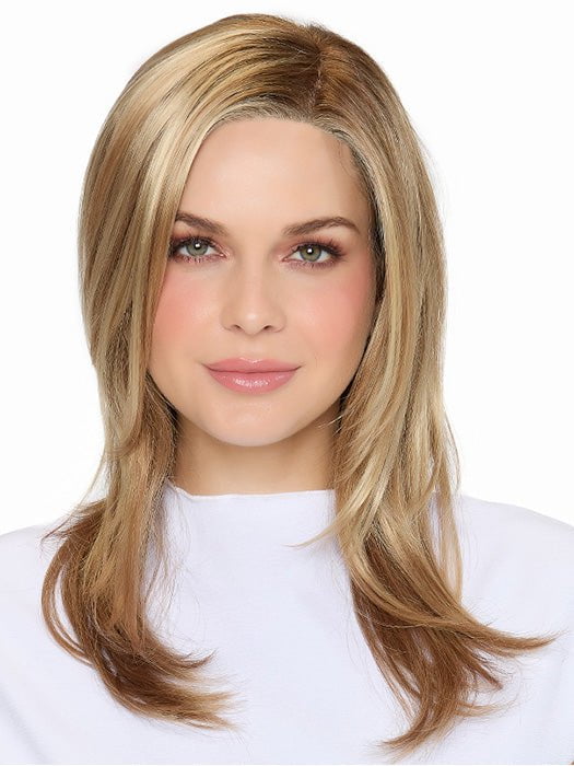 BELINDA by Envy in SPARKLING CHAMPAGNE | Medium Brown roots with overall Strawberry Blonde base and soft Golden Blonde highlights