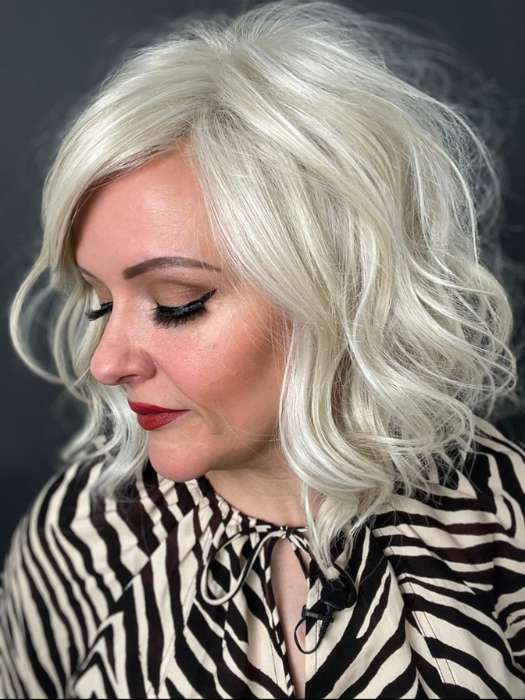 Marcie @wig.obsessed wearing SIMMER by RAQUEL WELCH WIGS in color RL16/22 ICED SWEET CREAM | Pale Blonde with Slight Platinum Highlighting