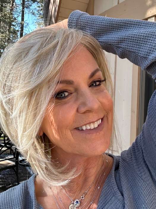 Susan @an_affair_with_hair wearing STRAIGHT UP WITH A TWIST by RAQUEL WELCH WIGS in color RL19/23 BISCUIT | Light Ash Blonde Evenly Blended with Cool Platinum Blonde
