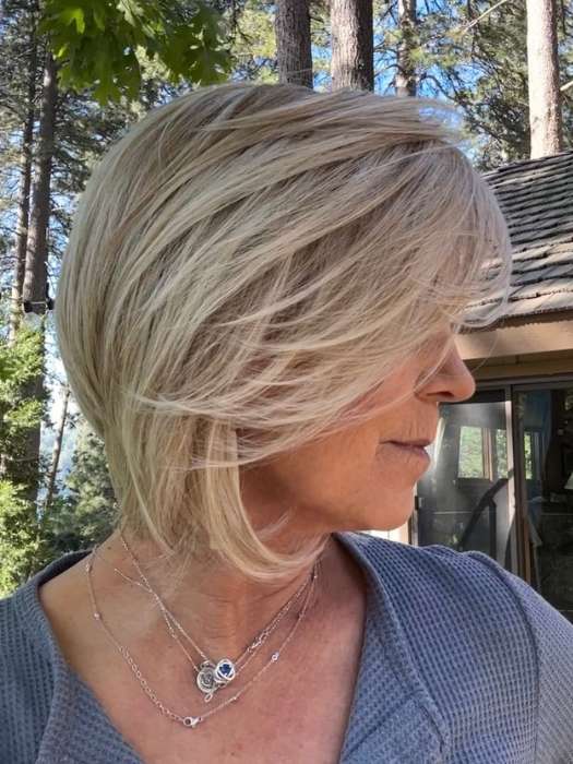 Susan @an_affair_with_hair wearing STRAIGHT UP WITH A TWIST by RAQUEL WELCH WIGS in color RL19/23 BISCUIT | Light Ash Blonde Evenly Blended with Cool Platinum Blonde
